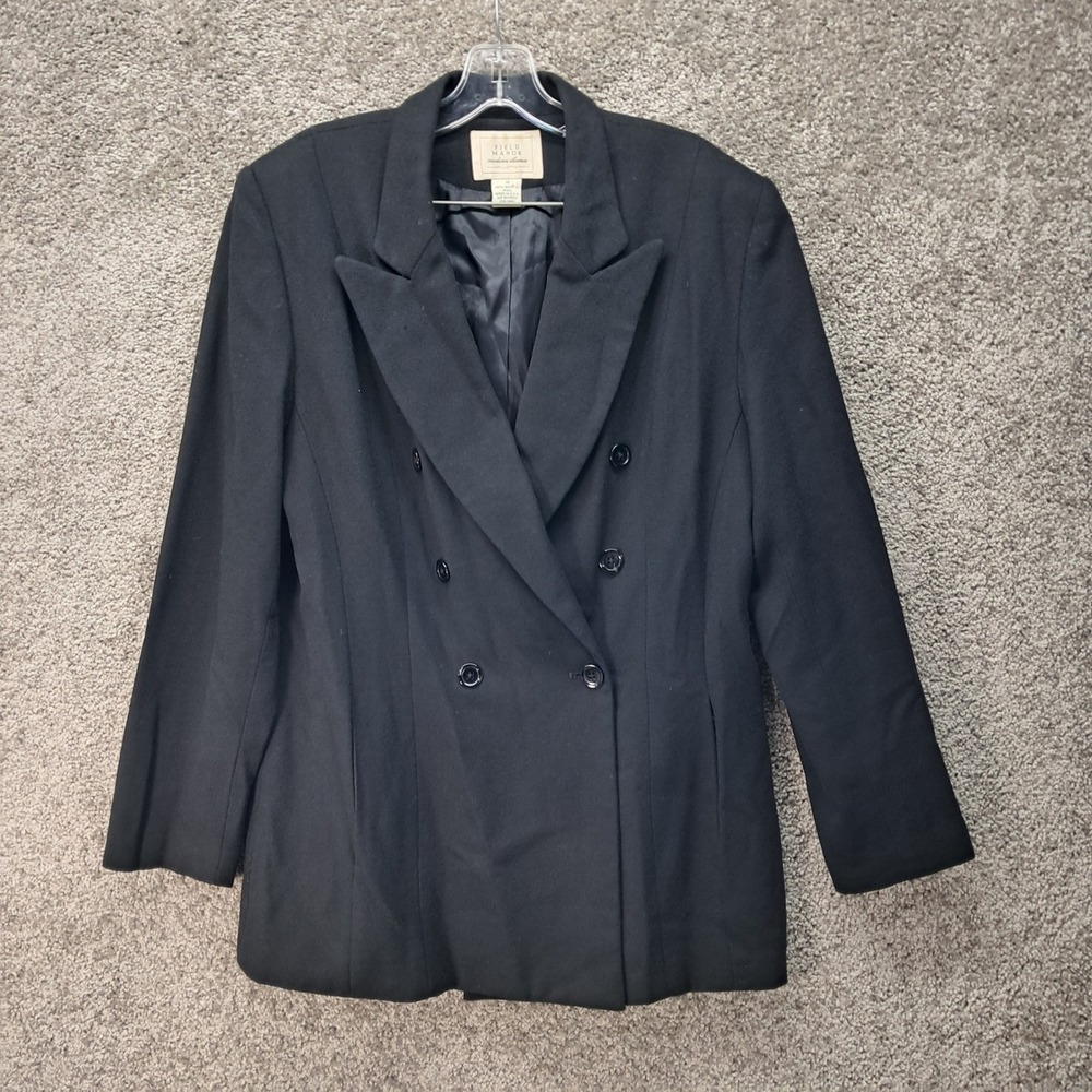 Field Manor Modern Classics Black 100% Worsted Wool Double Breasted Blazer 14